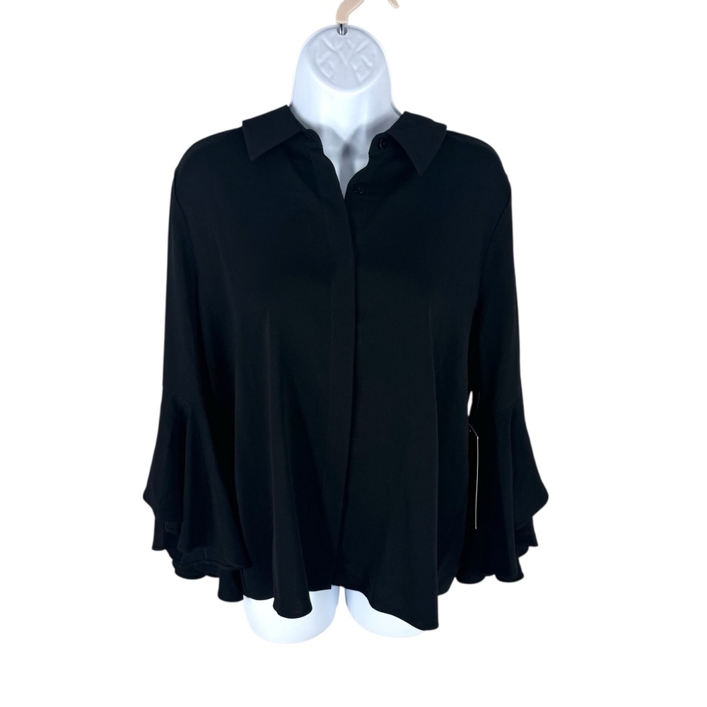 Tuckernuck NEW Black Norah Bell Sleeve Collared Button Down Blouse Top Size L - Picture 4 of 9